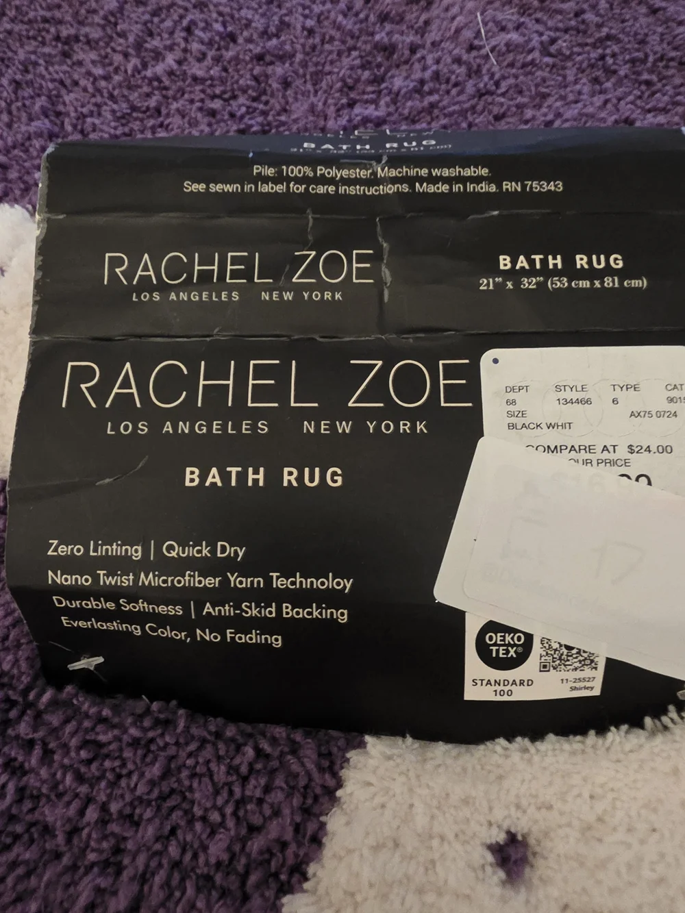 Rachel Zoe Purple and White Plush Bath Rug - Microfiber 21x 32 Inches